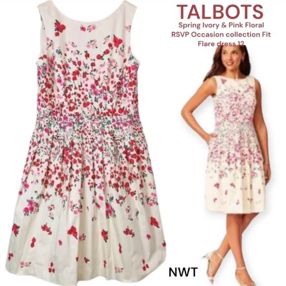 Talbots Dresses & Skirts - Talbots Spring Ivory & Pink Floral RSVP Occasion collection Fit Flare dress 12